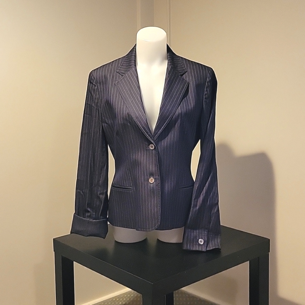 Valerie Stevens. Blue, pinstriped blazer. Size Large.